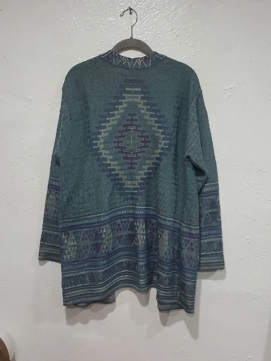Peruvian Connection Boho Teal Kimono Cardigan with Aztec Pattern Size L - Picture 11 of 15